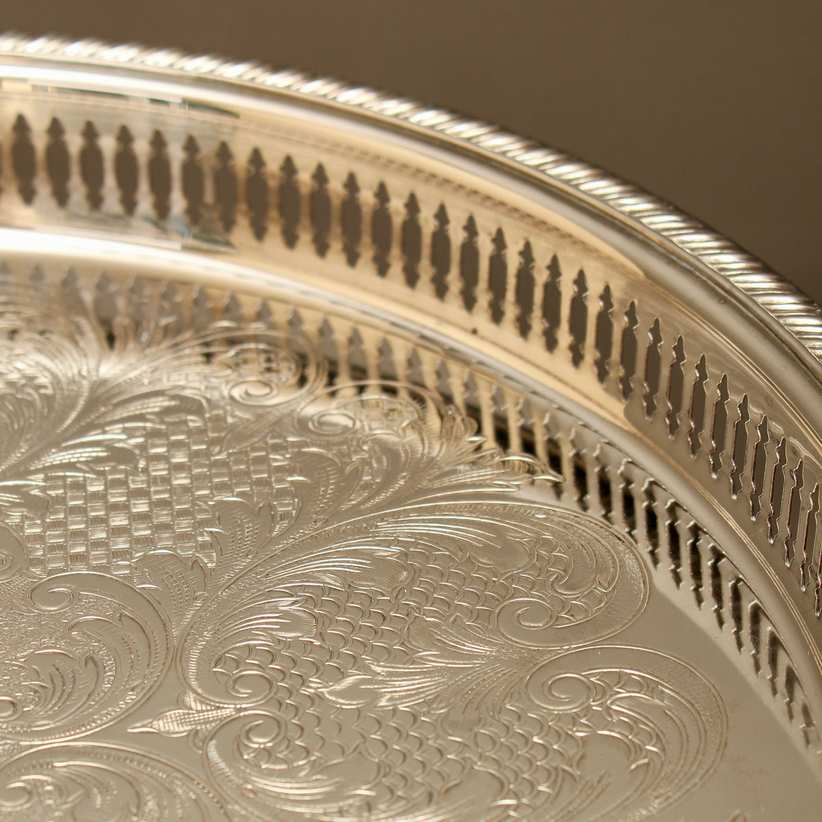 Pristine Boxed 14-Inch Vintage Cavalier Silver Plated Pierced Gallery Tray