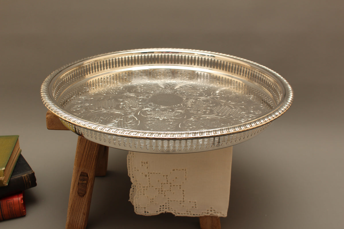 Pristine Boxed 14-Inch Vintage Cavalier Silver Plated Pierced Gallery Tray