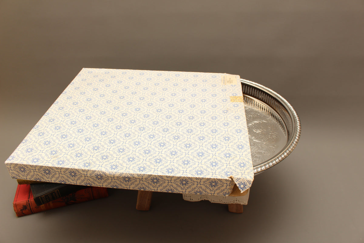 Pristine Boxed 14-Inch Vintage Cavalier Silver Plated Pierced Gallery Tray