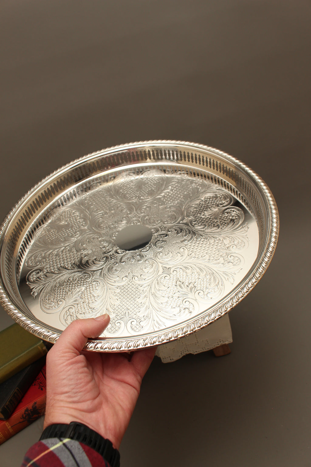 Pristine Boxed 14-Inch Vintage Cavalier Silver Plated Pierced Gallery Tray