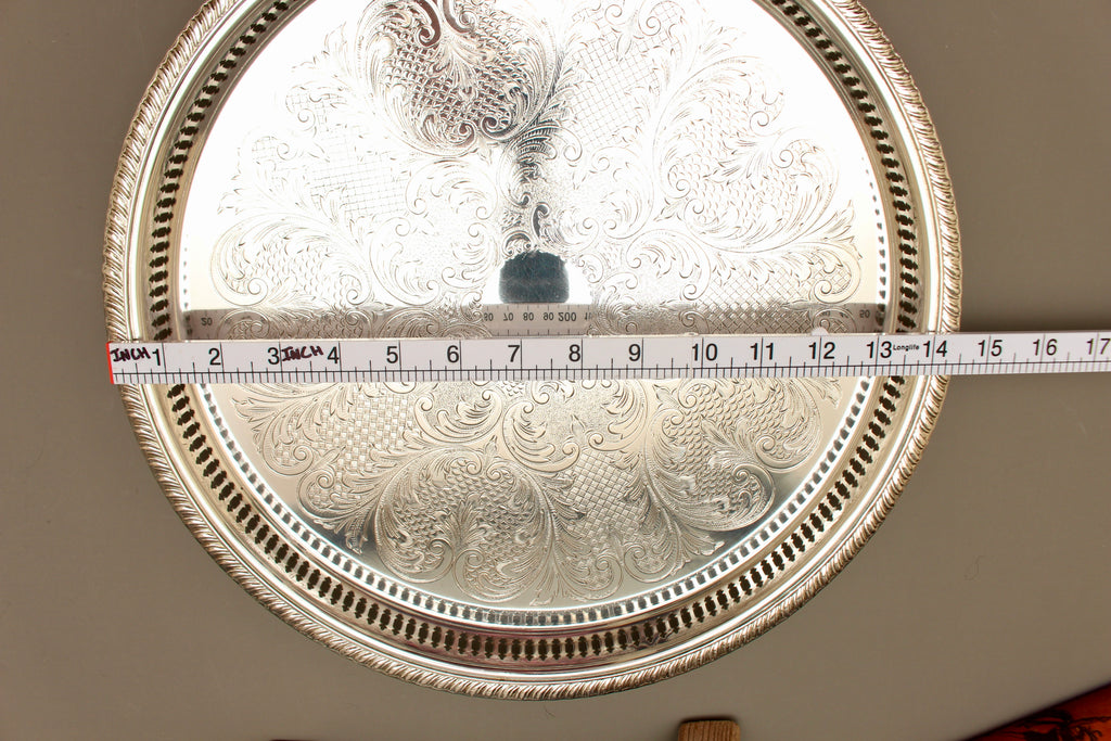 Pristine Boxed 14-Inch Vintage Cavalier Silver Plated Pierced Gallery Tray