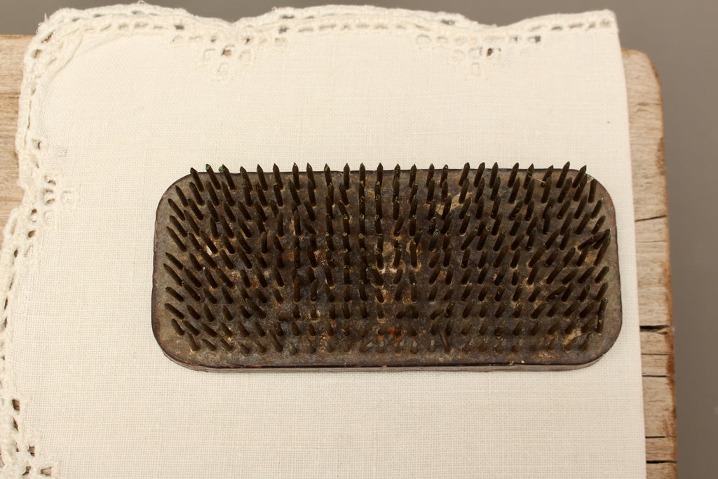 Vintage Rectangular Lead Pin Flower Frog | Antique Kenzan Floral Spike Holder