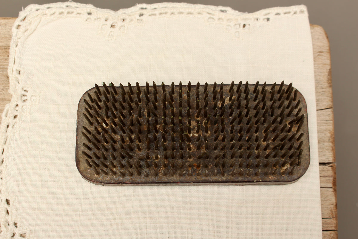 Vintage Rectangular Lead Pin Flower Frog | Antique Kenzan Floral Spike Holder