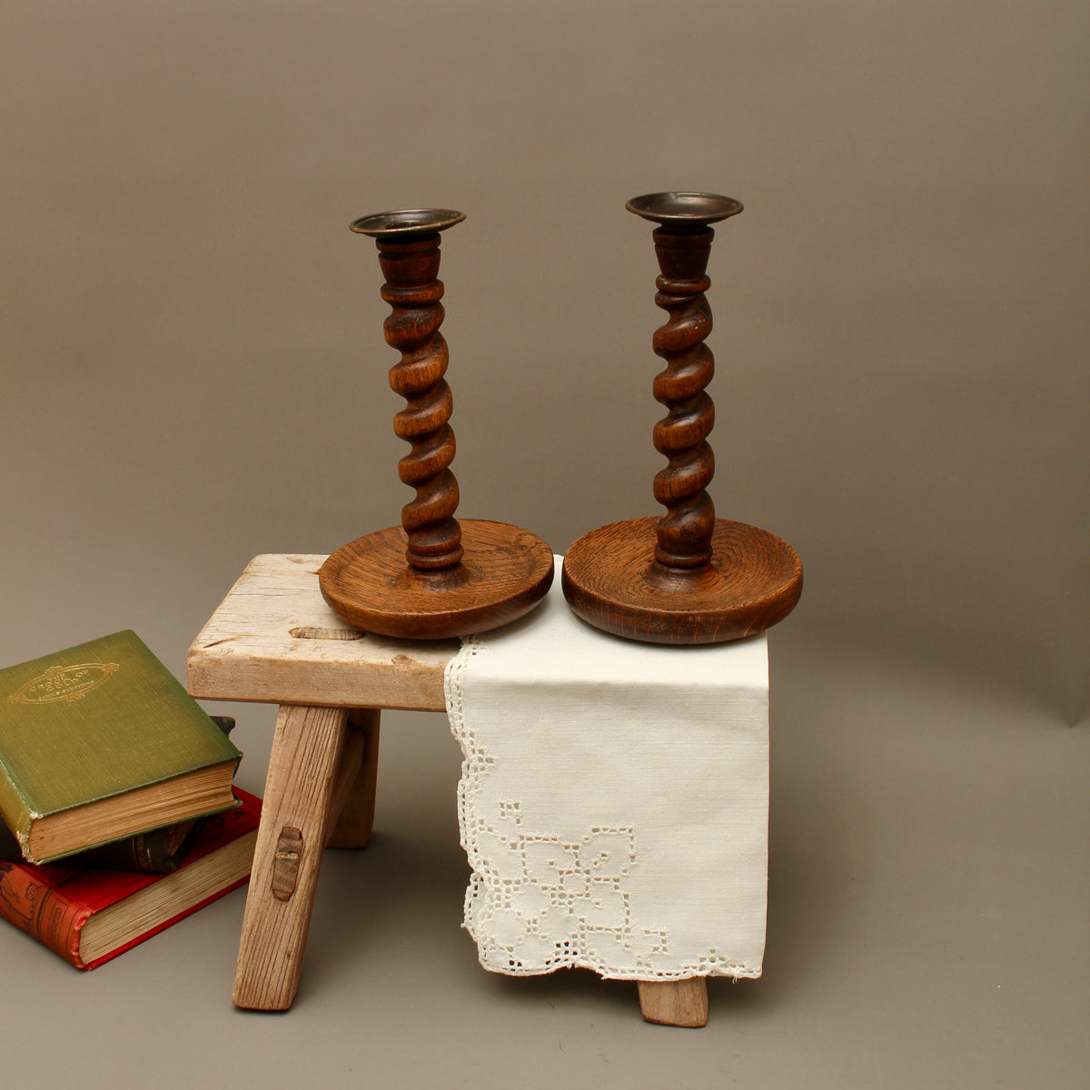 Pair of Vintage Hand-Turned Oak Barley Twist Candlesticks