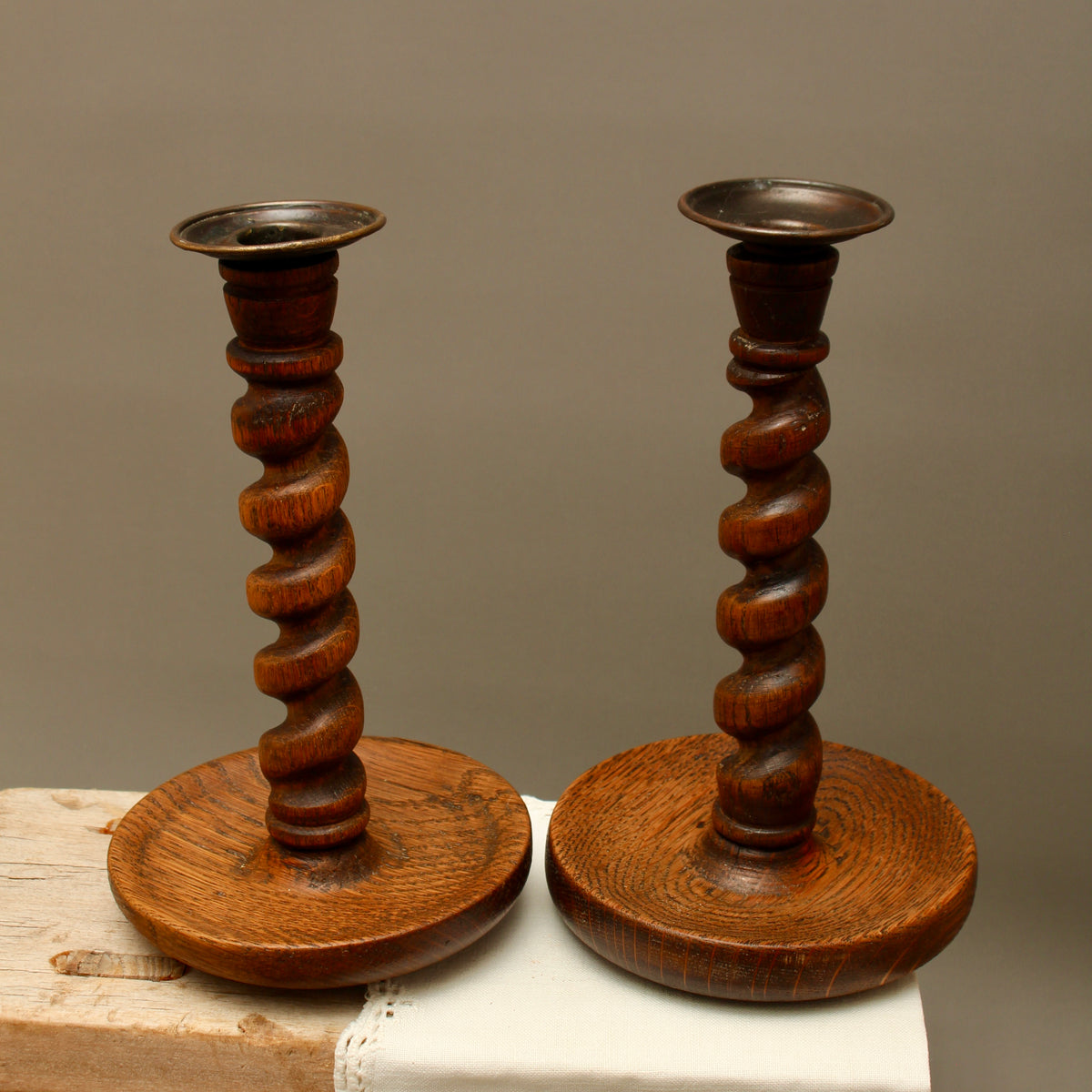 Pair of Vintage Hand-Turned Oak Barley Twist Candlesticks