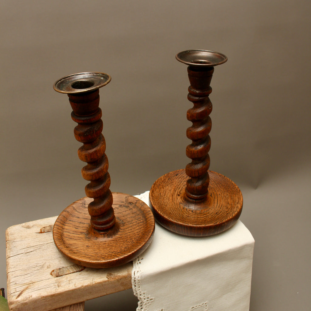 Pair of Vintage Hand-Turned Oak Barley Twist Candlesticks