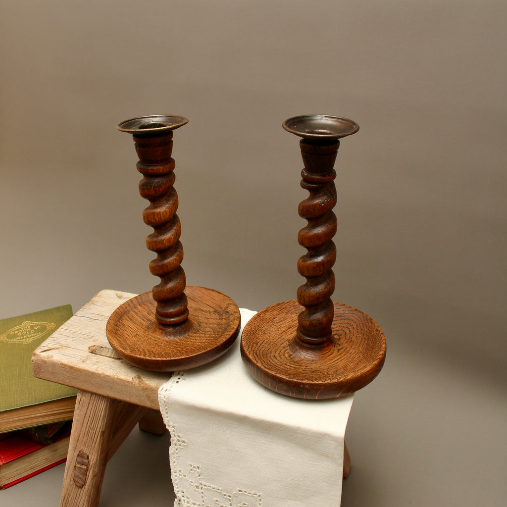 Pair of Vintage Hand-Turned Oak Barley Twist Candlesticks