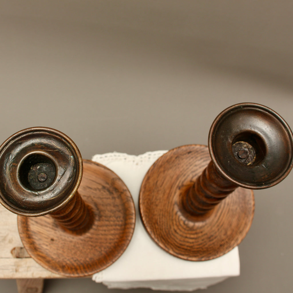 Pair of Vintage Hand-Turned Oak Barley Twist Candlesticks