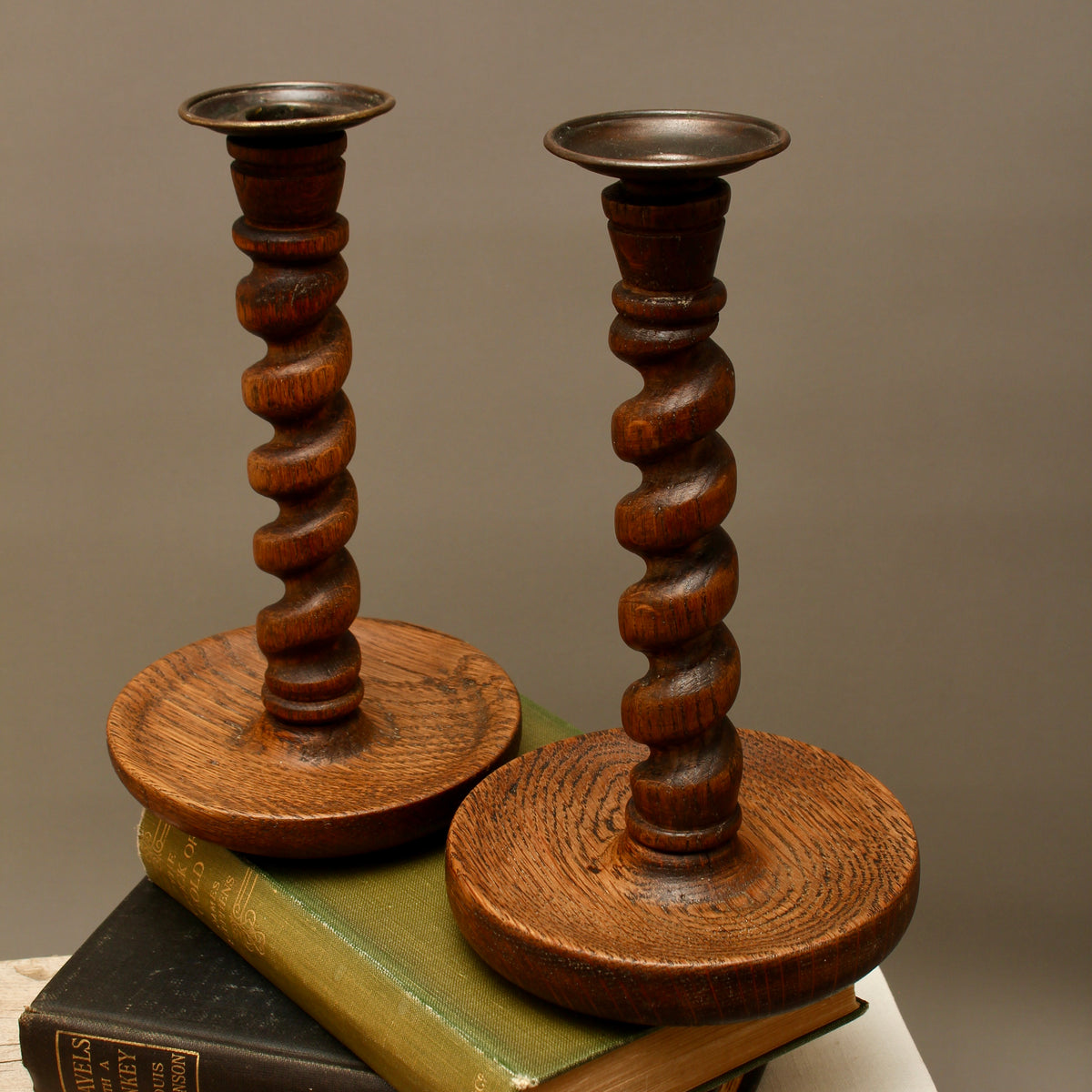Pair of Vintage Hand-Turned Oak Barley Twist Candlesticks