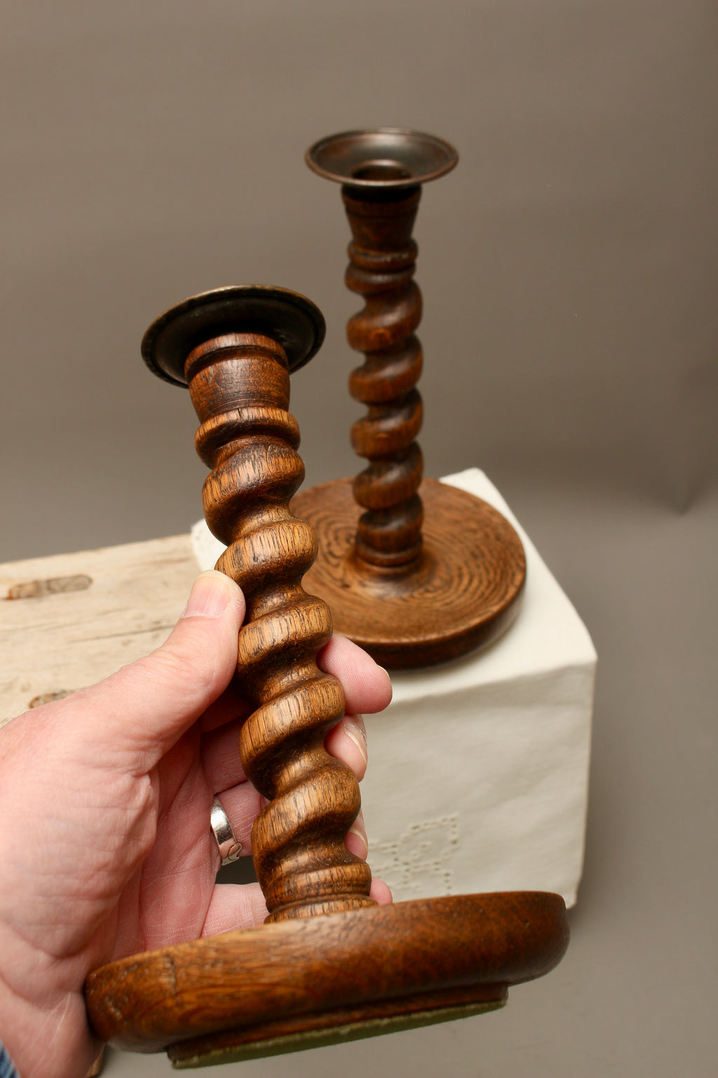 Pair of Vintage Hand-Turned Oak Barley Twist Candlesticks