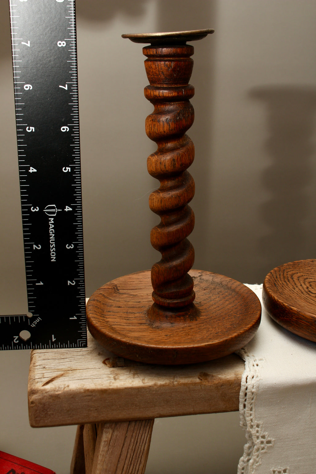 Pair of Vintage Hand-Turned Oak Barley Twist Candlesticks