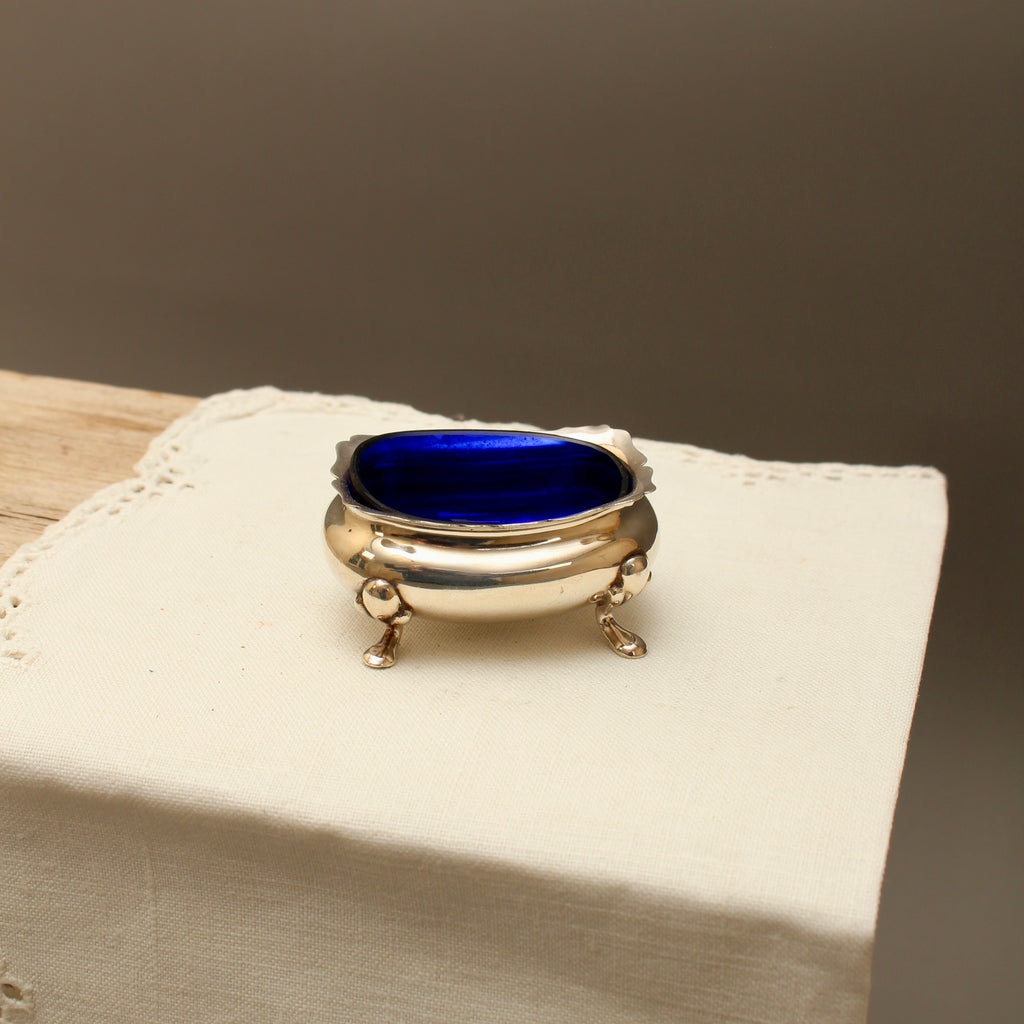Antique Walker & Hall Sheffield Silver Plate Open Salt Cellar with Cobalt Blue Glass Liner