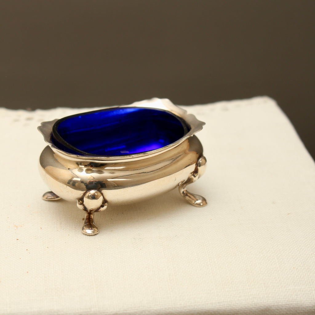 Antique Walker & Hall Sheffield Silver Plate Open Salt Cellar with Cobalt Blue Glass Liner