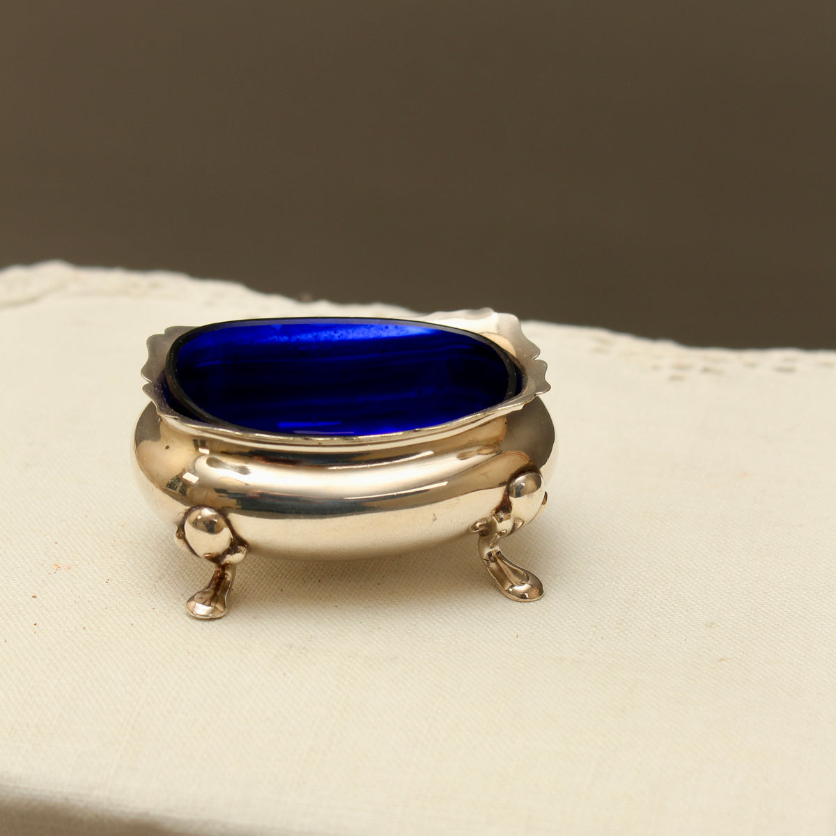 Antique Walker & Hall Sheffield Silver Plate Open Salt Cellar with Cobalt Blue Glass Liner