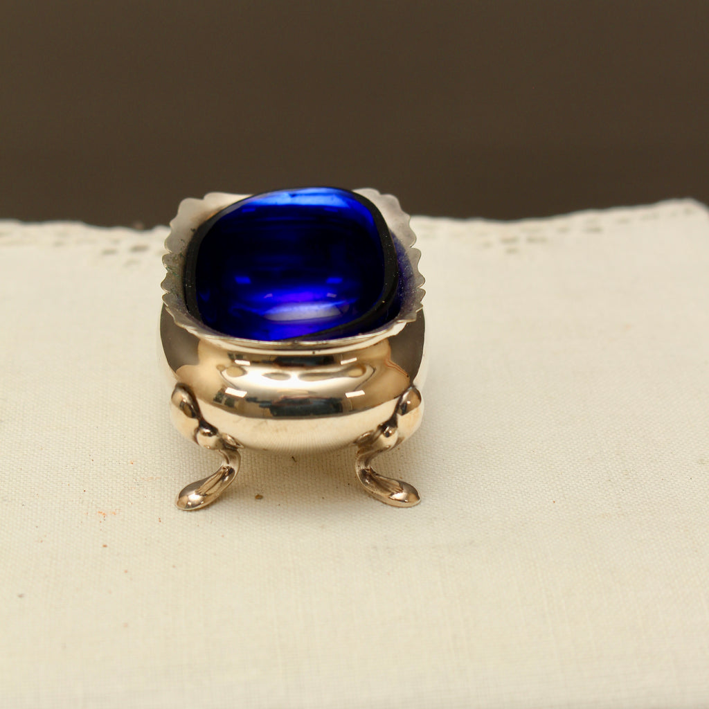 Antique Walker & Hall Sheffield Silver Plate Open Salt Cellar with Cobalt Blue Glass Liner