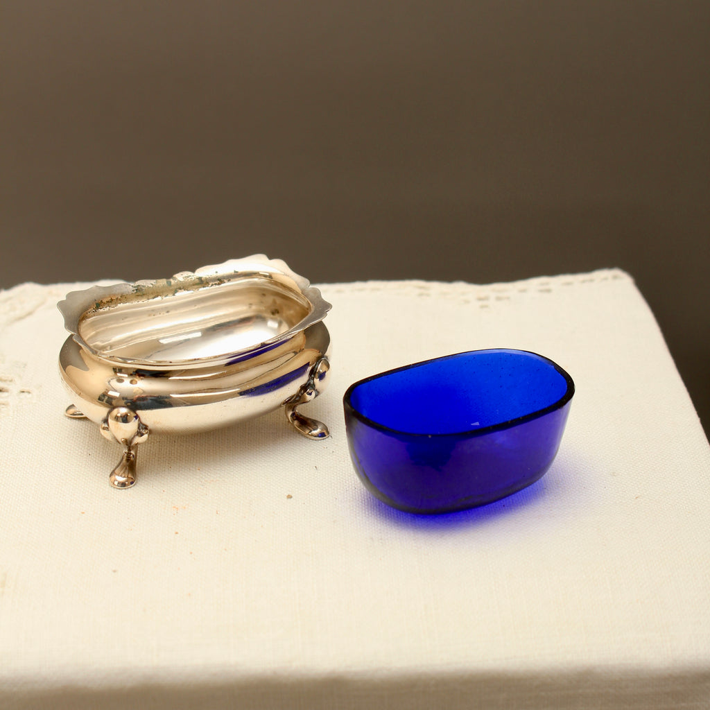 Antique Walker & Hall Sheffield Silver Plate Open Salt Cellar with Cobalt Blue Glass Liner