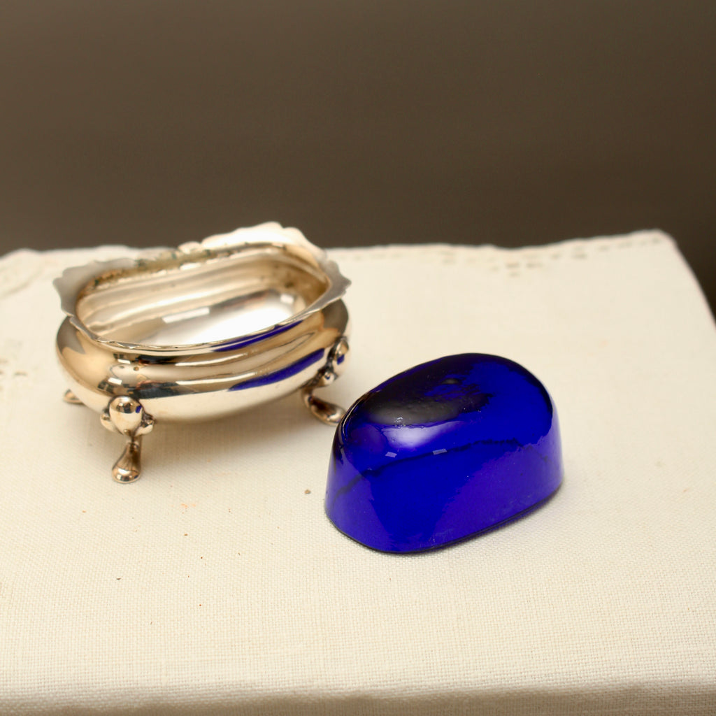 Antique Walker & Hall Sheffield Silver Plate Open Salt Cellar with Cobalt Blue Glass Liner
