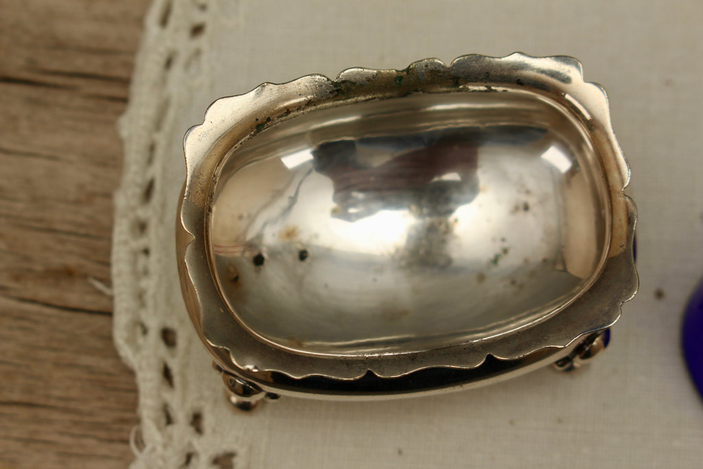 Antique Walker & Hall Sheffield Silver Plate Open Salt Cellar with Cobalt Blue Glass Liner
