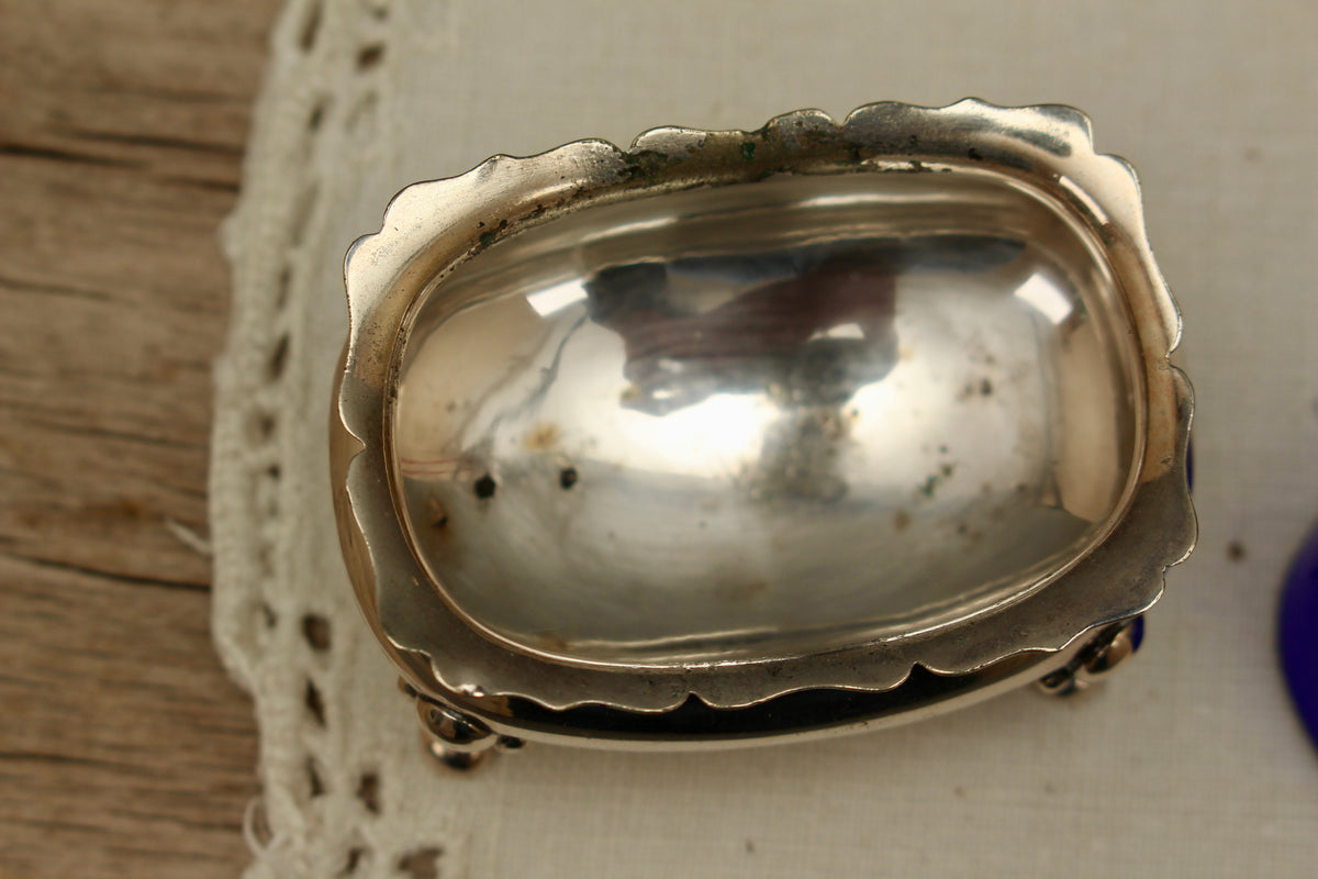 Antique Walker & Hall Sheffield Silver Plate Open Salt Cellar with Cobalt Blue Glass Liner