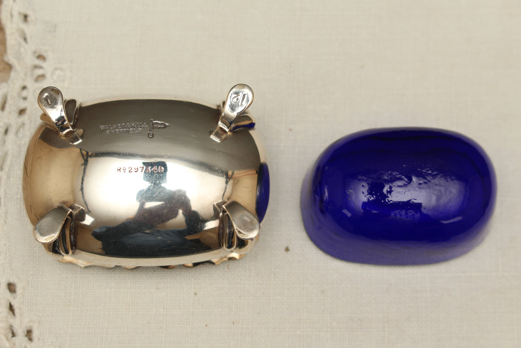 Antique Walker & Hall Sheffield Silver Plate Open Salt Cellar with Cobalt Blue Glass Liner