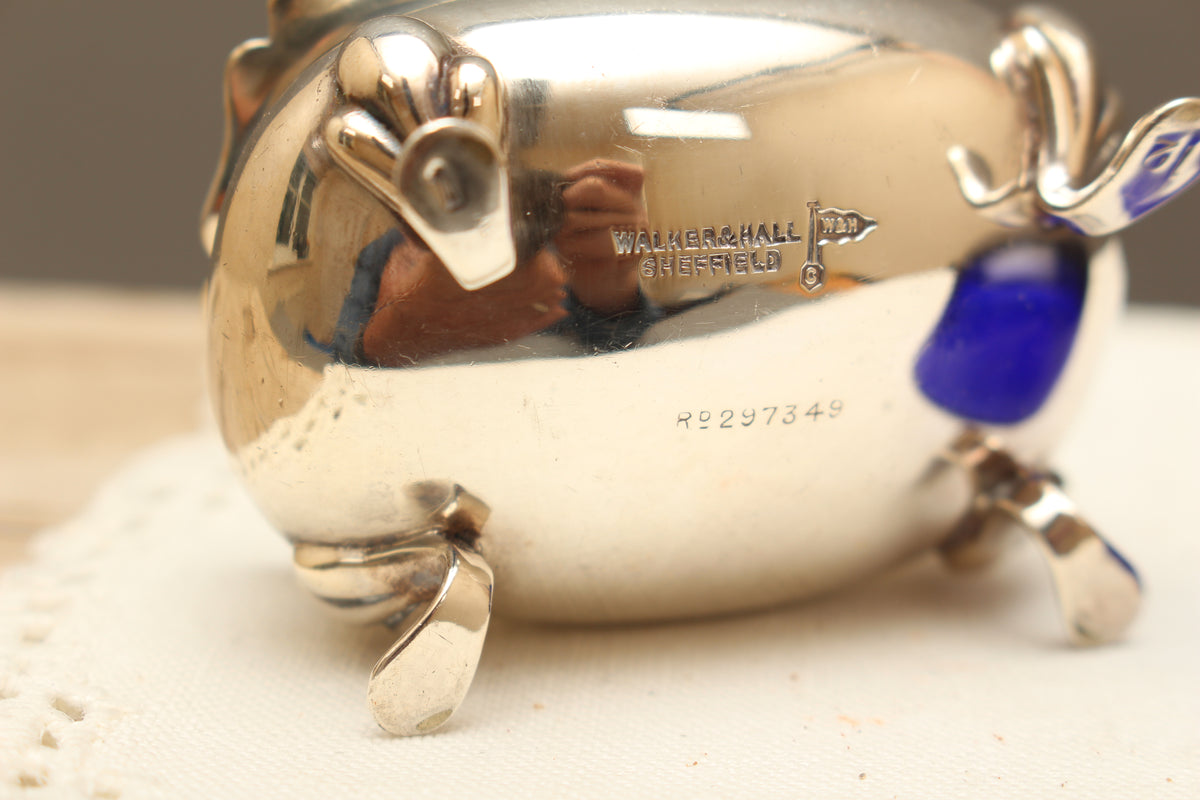 Antique Walker & Hall Sheffield Silver Plate Open Salt Cellar with Cobalt Blue Glass Liner