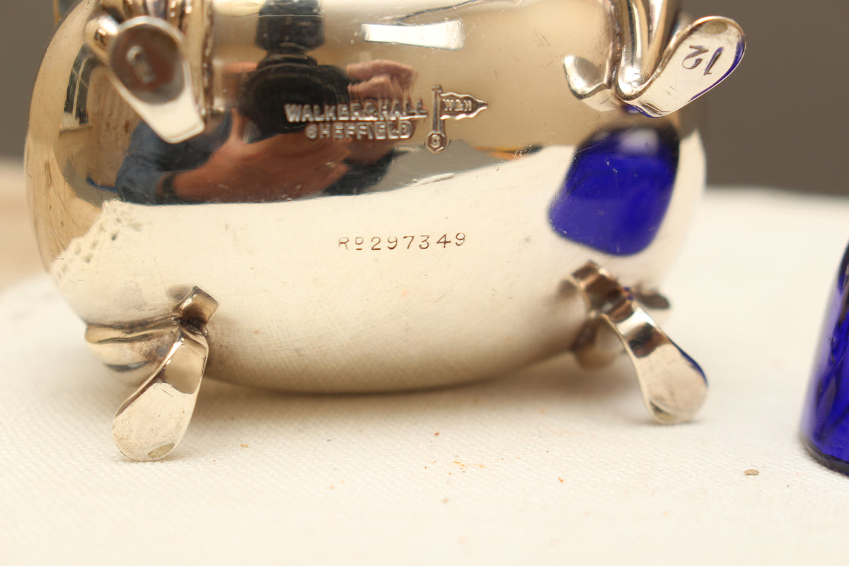 Antique Walker & Hall Sheffield Silver Plate Open Salt Cellar with Cobalt Blue Glass Liner