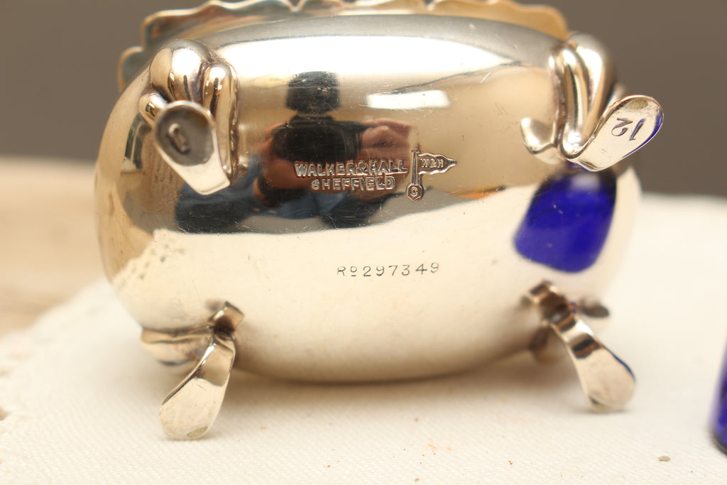 Antique Walker & Hall Sheffield Silver Plate Open Salt Cellar with Cobalt Blue Glass Liner