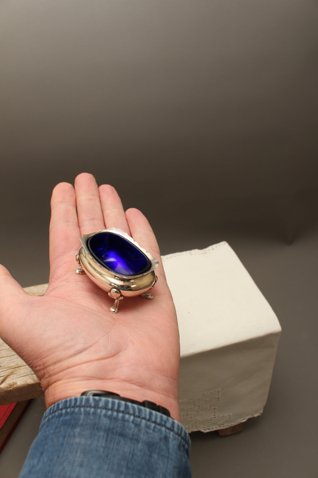 Antique Walker & Hall Sheffield Silver Plate Open Salt Cellar with Cobalt Blue Glass Liner