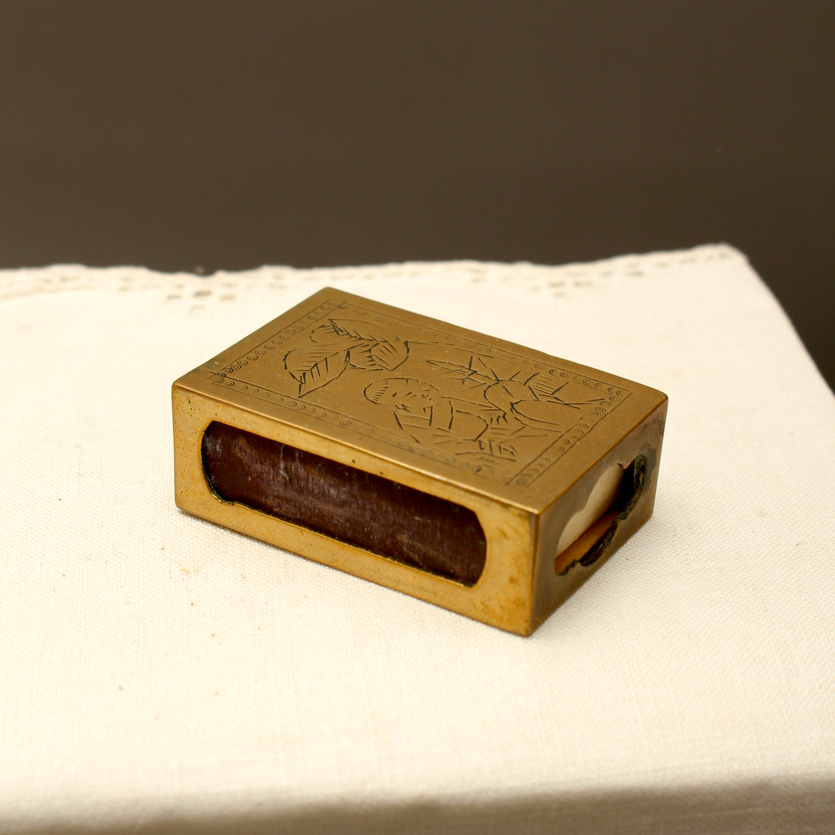 Vintage Chinoiserie Engraved Brass Matchbox Sleeve with Soviet USSR Criterion Matches
