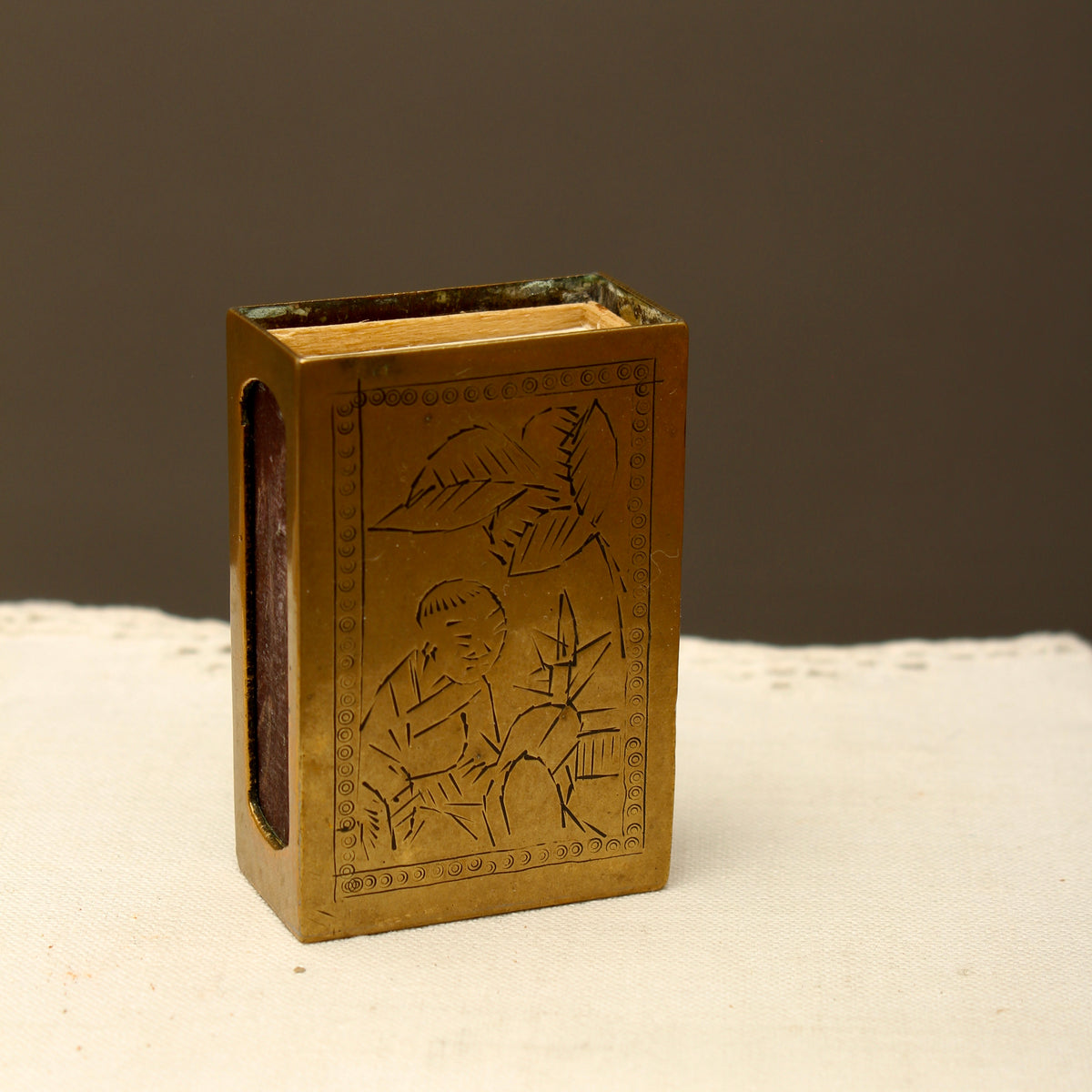 Vintage Chinoiserie Engraved Brass Matchbox Sleeve with Soviet USSR Criterion Matches