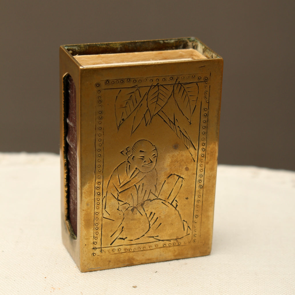 Vintage Chinoiserie Engraved Brass Matchbox Sleeve with Soviet USSR Criterion Matches