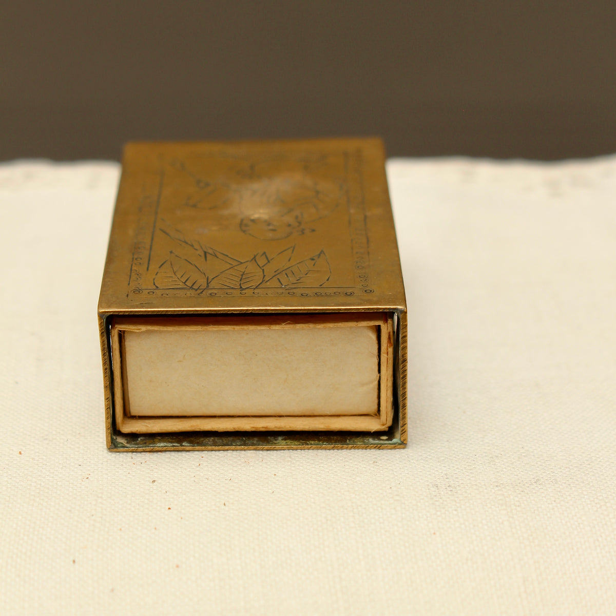Vintage Chinoiserie Engraved Brass Matchbox Sleeve with Soviet USSR Criterion Matches