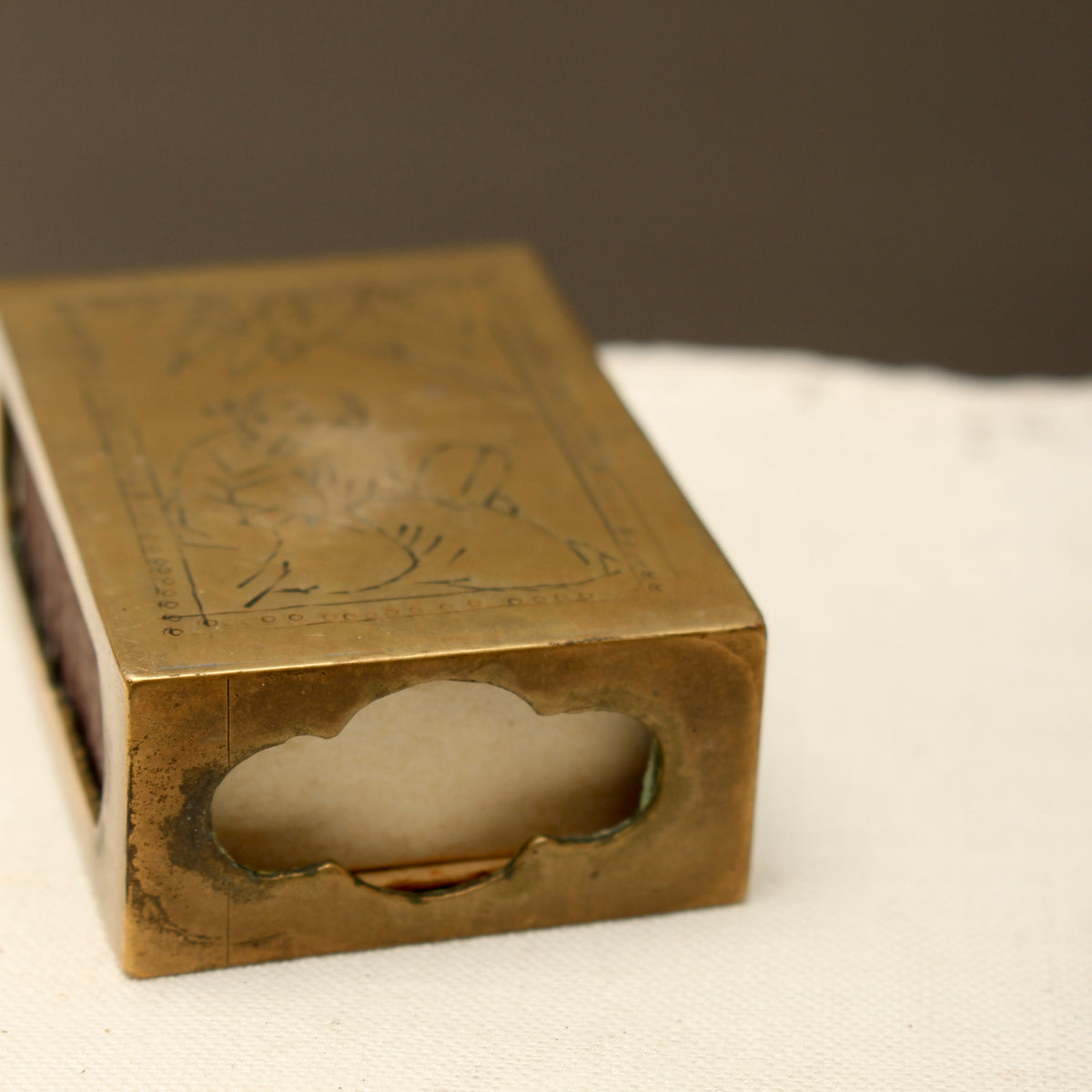 Vintage Chinoiserie Engraved Brass Matchbox Sleeve with Soviet USSR Criterion Matches