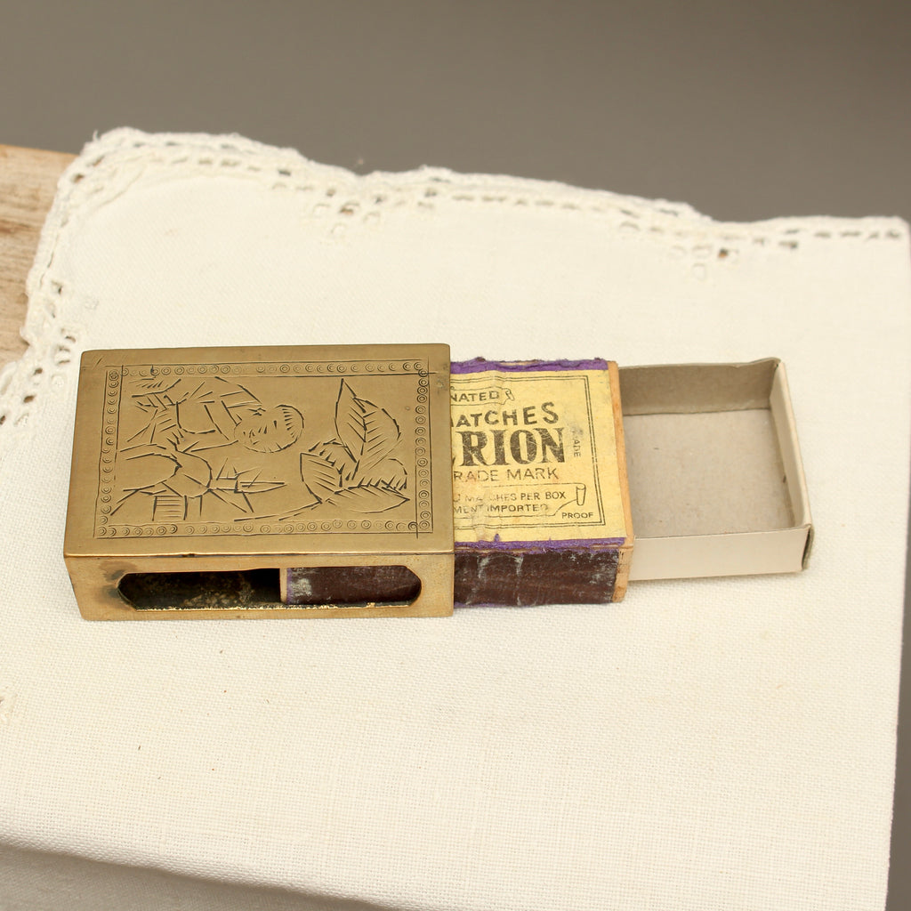 Vintage Chinoiserie Engraved Brass Matchbox Sleeve with Soviet USSR Criterion Matches