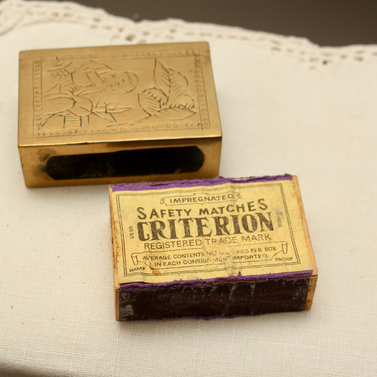 Vintage Chinoiserie Engraved Brass Matchbox Sleeve with Soviet USSR Criterion Matches