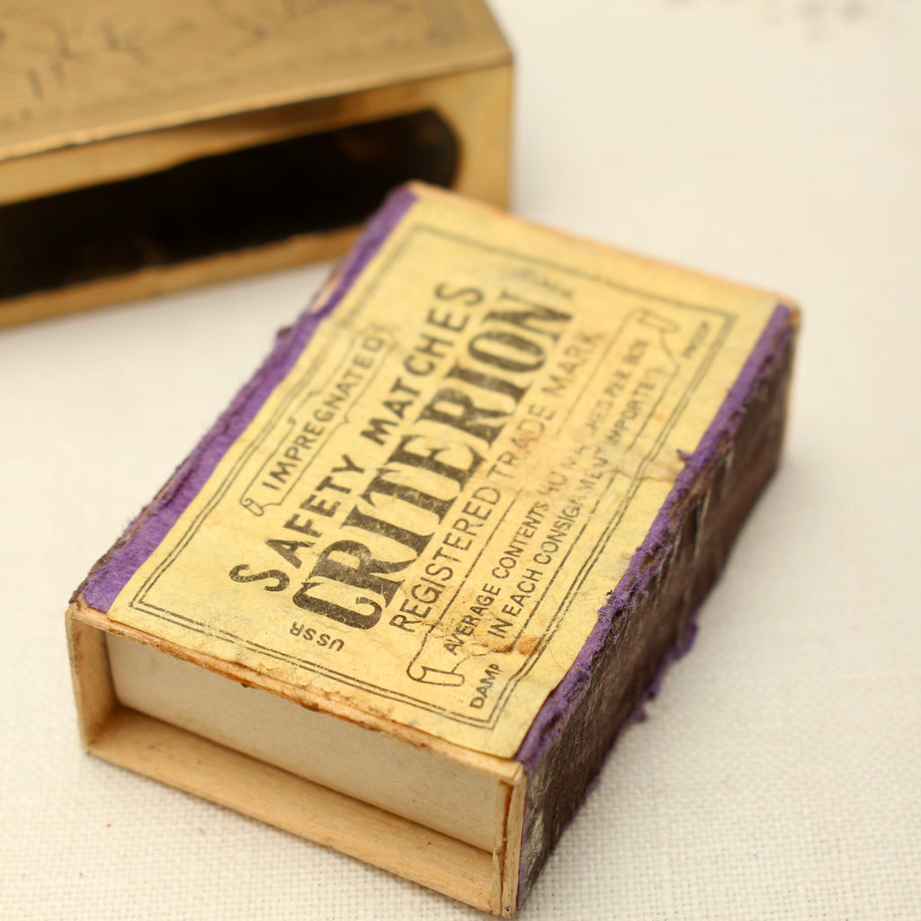 Vintage Chinoiserie Engraved Brass Matchbox Sleeve with Soviet USSR Criterion Matches
