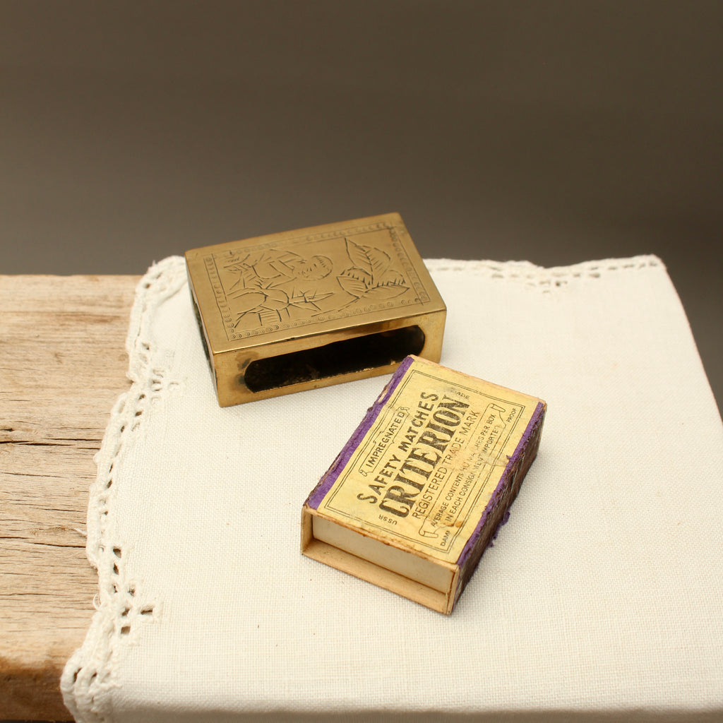 Vintage Chinoiserie Engraved Brass Matchbox Sleeve with Soviet USSR Criterion Matches