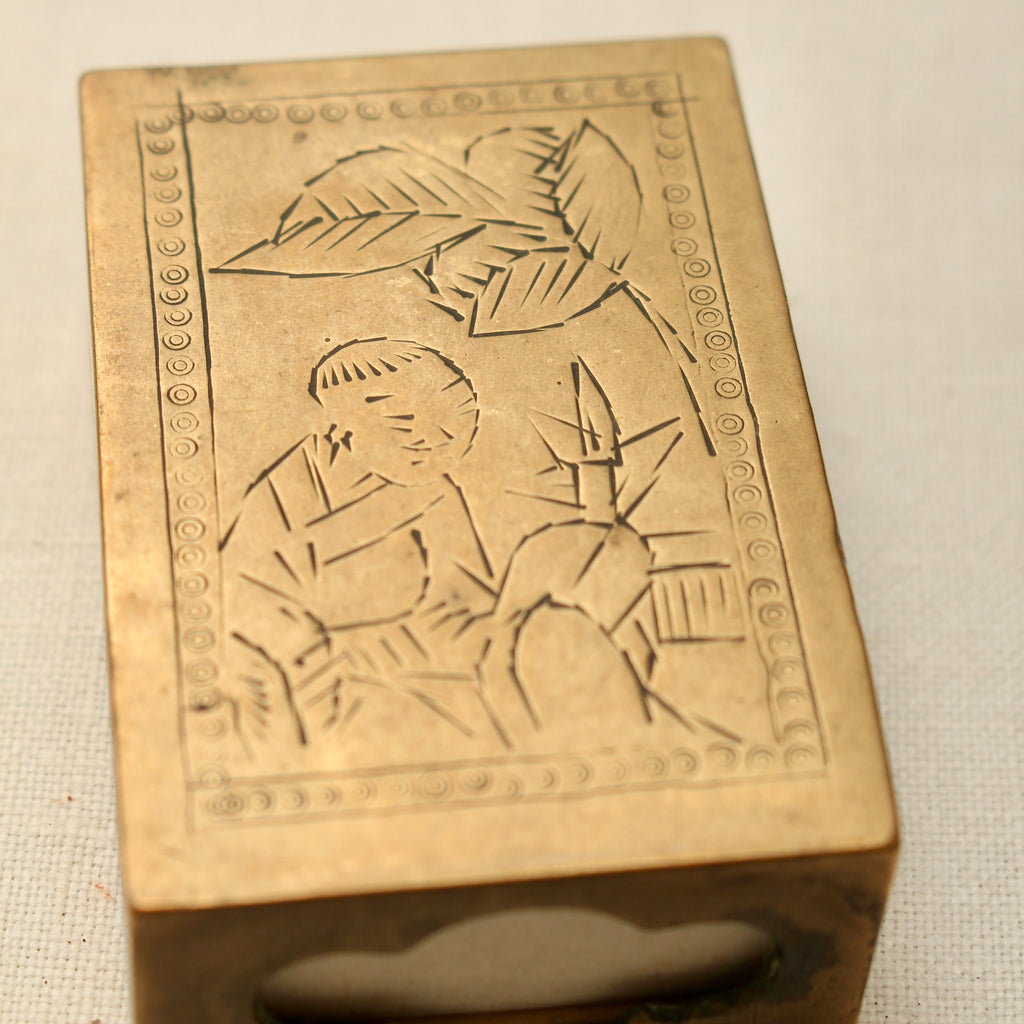 Vintage Chinoiserie Engraved Brass Matchbox Sleeve with Soviet USSR Criterion Matches