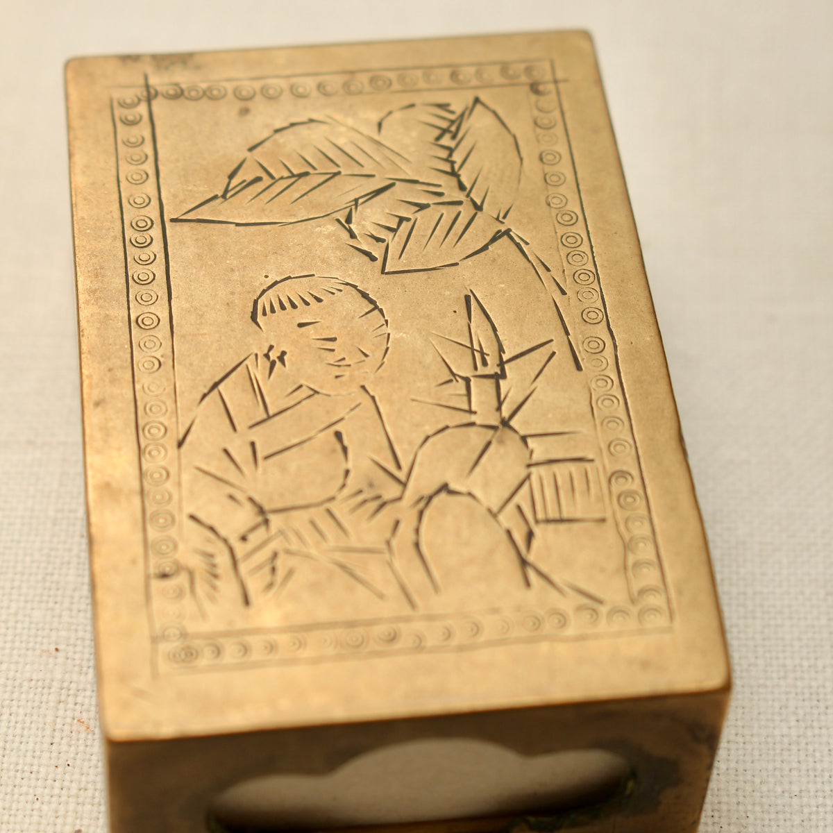 Vintage Chinoiserie Engraved Brass Matchbox Sleeve with Soviet USSR Criterion Matches