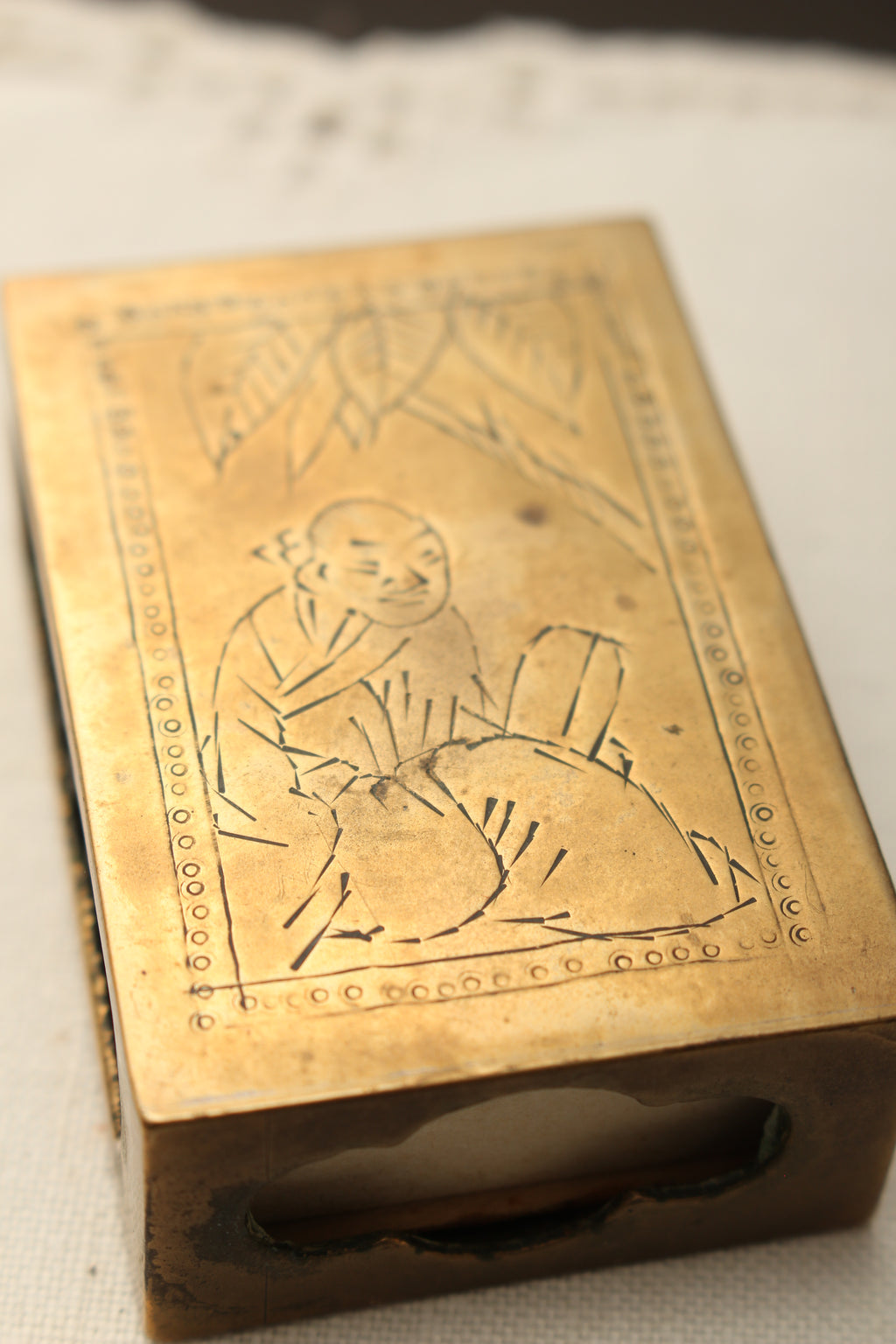 Vintage Chinoiserie Engraved Brass Matchbox Sleeve with Soviet USSR Criterion Matches