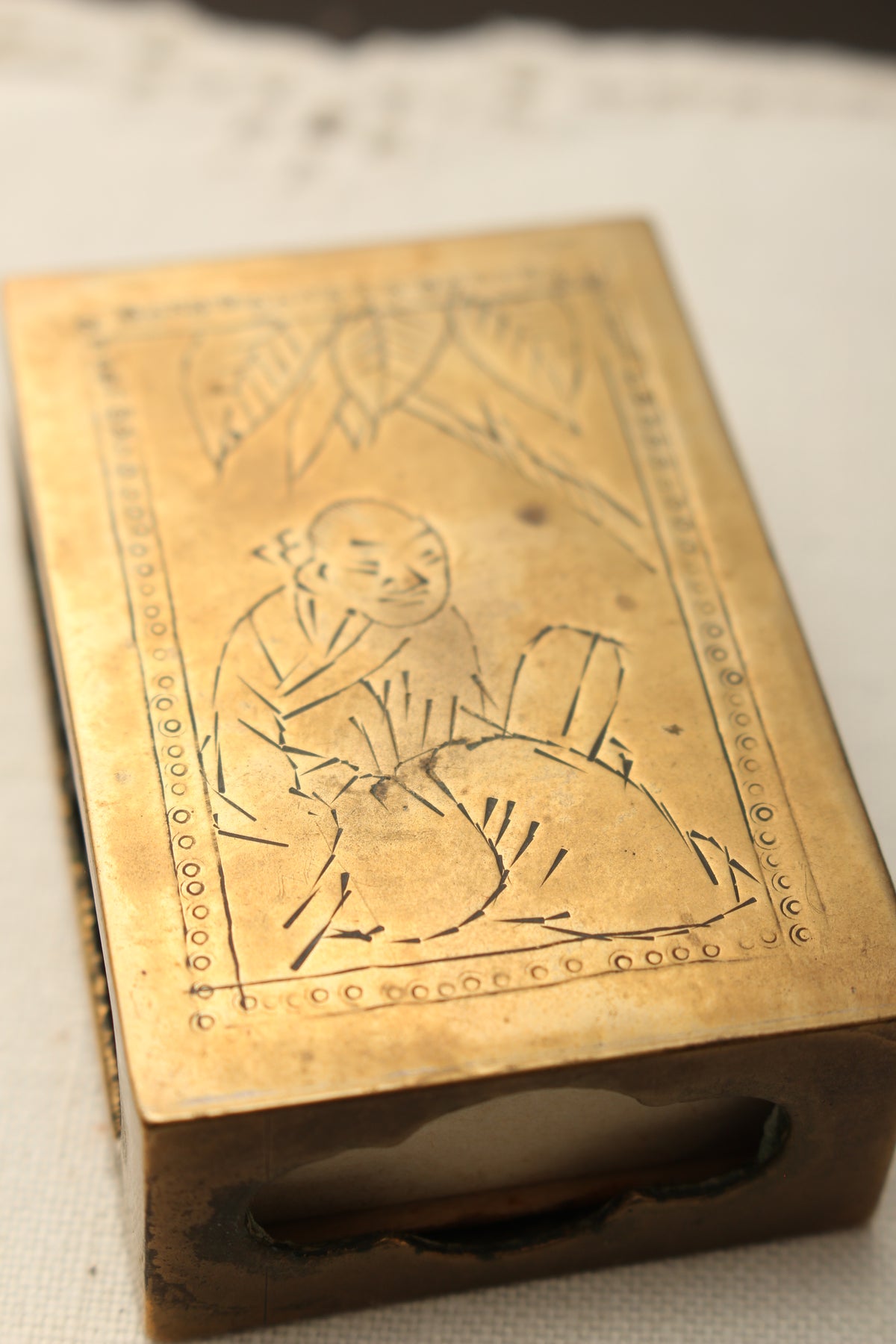 Vintage Chinoiserie Engraved Brass Matchbox Sleeve with Soviet USSR Criterion Matches