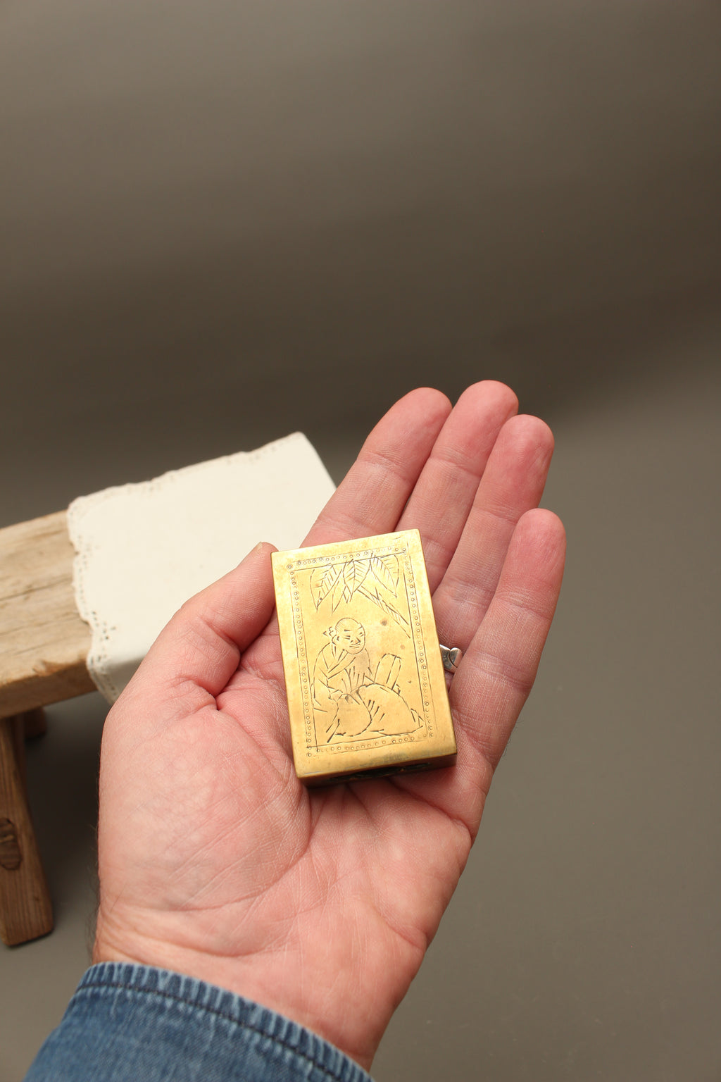 Vintage Chinoiserie Engraved Brass Matchbox Sleeve with Soviet USSR Criterion Matches
