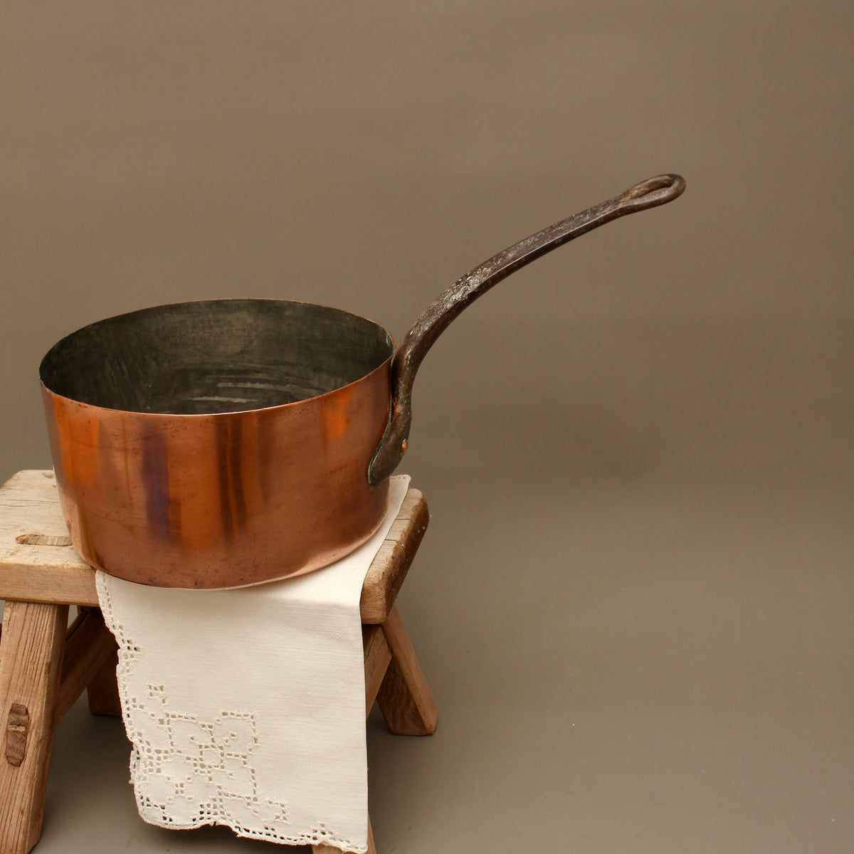 Antique 19th Century French Copper Saucepan Heavy Forged Iron Handle Chateau Mark