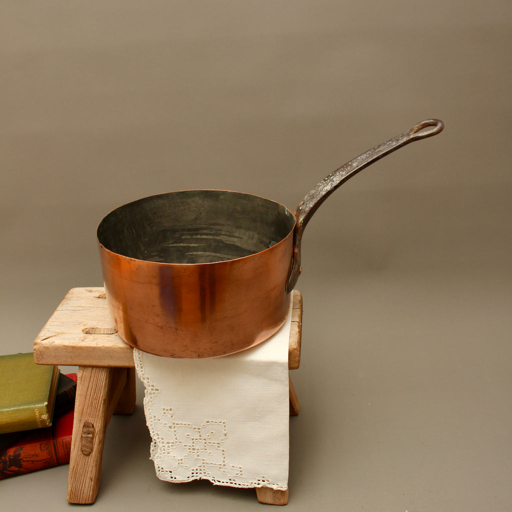 Antique 19th Century French Copper Saucepan Heavy Forged Iron Handle Chateau Mark