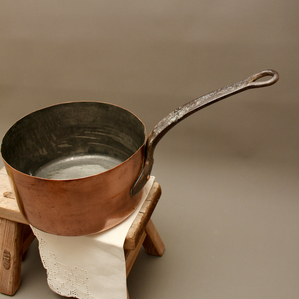 Antique 19th Century French Copper Saucepan Heavy Forged Iron Handle Chateau Mark
