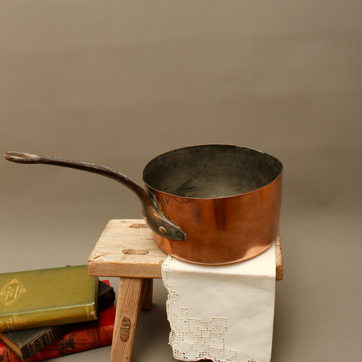Antique 19th Century French Copper Saucepan Heavy Forged Iron Handle Chateau Mark