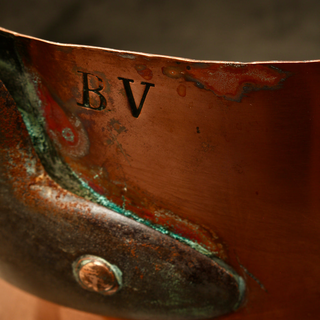 Antique 19th Century French Copper Saucepan Heavy Forged Iron Handle Chateau Mark
