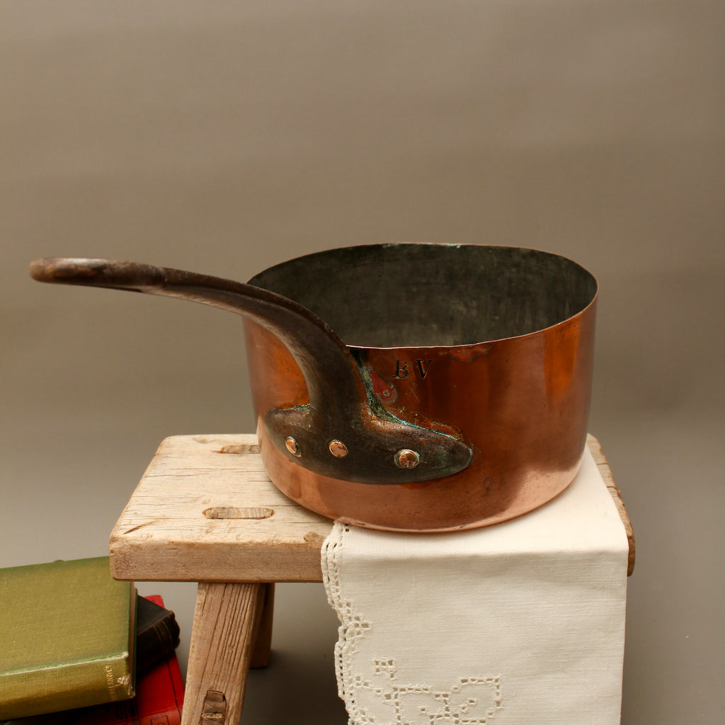 Antique 19th Century French Copper Saucepan Heavy Forged Iron Handle Chateau Mark