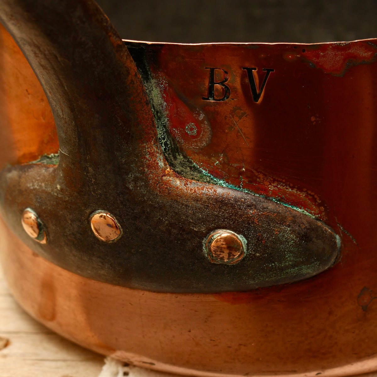 Antique 19th Century French Copper Saucepan Heavy Forged Iron Handle Chateau Mark