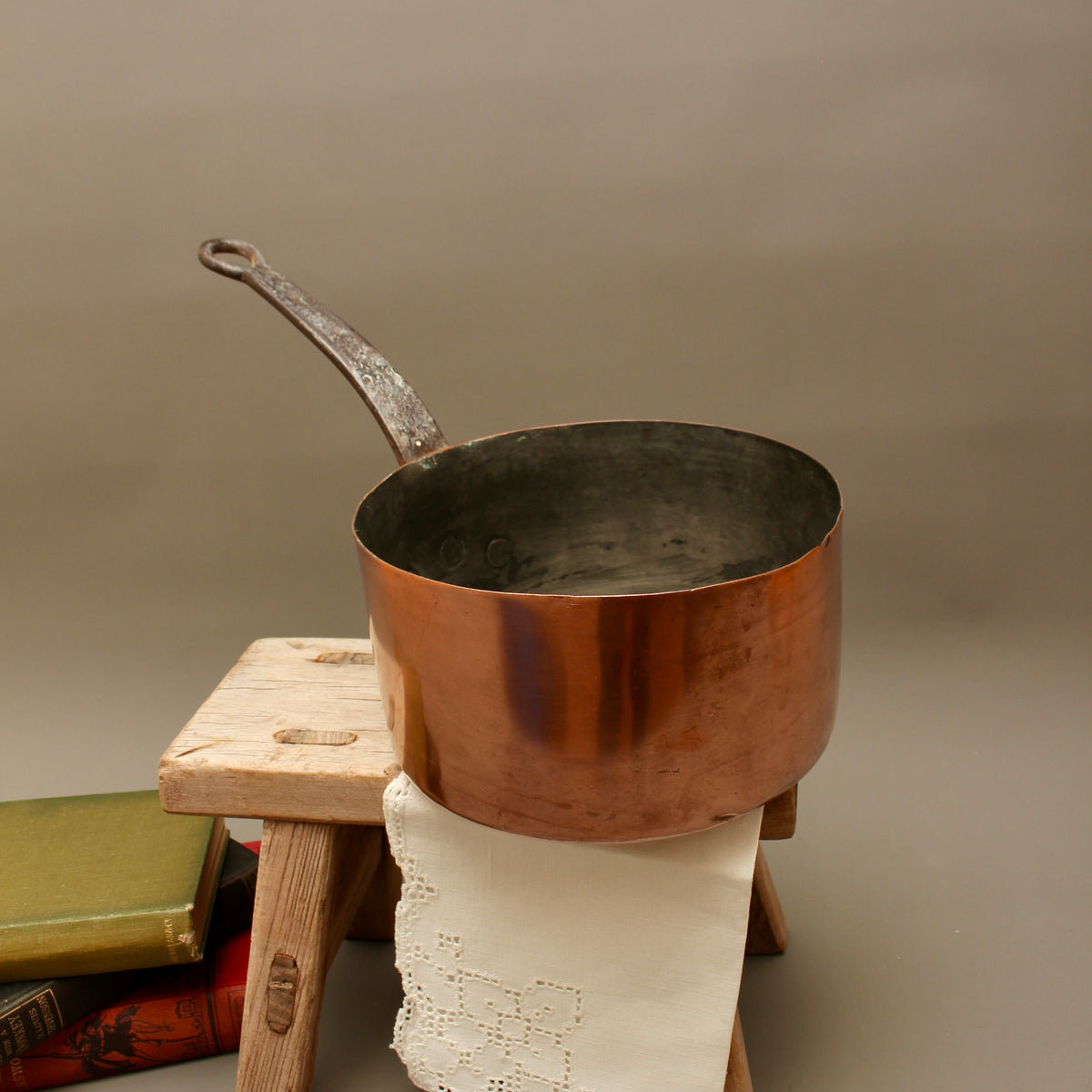 Antique 19th Century French Copper Saucepan Heavy Forged Iron Handle Chateau Mark